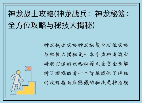 神龙战士攻略(神龙战兵：神龙秘笈：全方位攻略与秘技大揭秘)